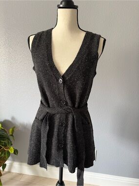 CAbi Black Knit Sleeveless Button Vest with Belt